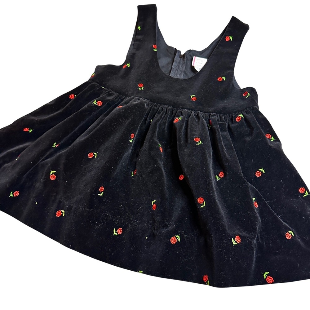 Vintage OshKosh B'gosh Velvet Rosebud Dress 4T Black Embroidered Holiday Jumper